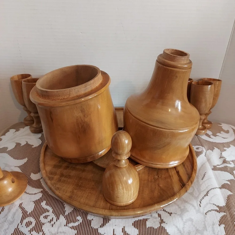 Vintage Hand Turned Wood Decanter Set 6 Goblets Tray Mid Century Modern Barware
